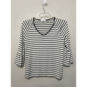 Calvin Klein Striped V-Neck Knit Top Blouse 3/4 Bell Sleeve Pullover Oversized S